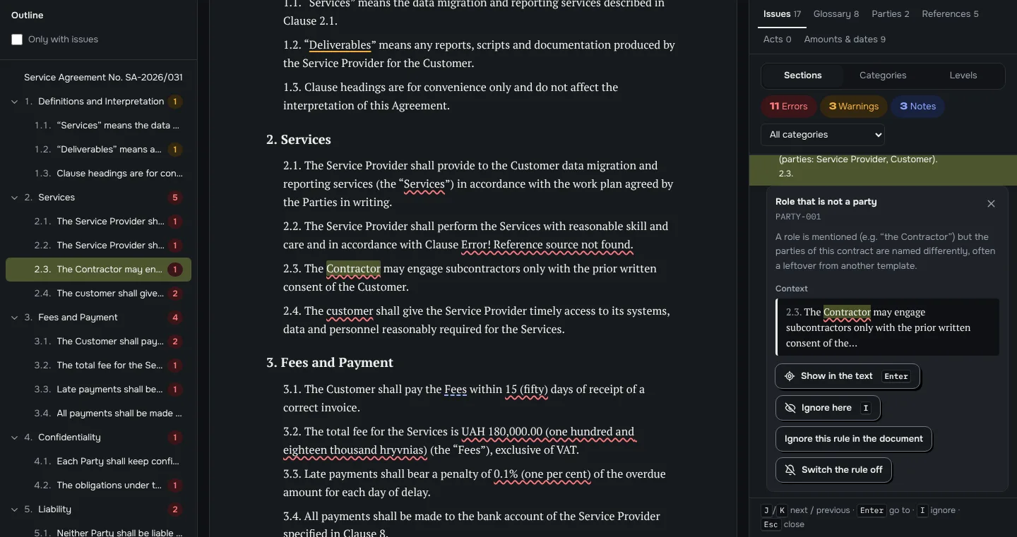 The ManyDocs Check workspace: the contract outline with counters on the left, the text with underlined places in the middle, and on the right the issue “Contractor is not a party to this document” with its explanation.
