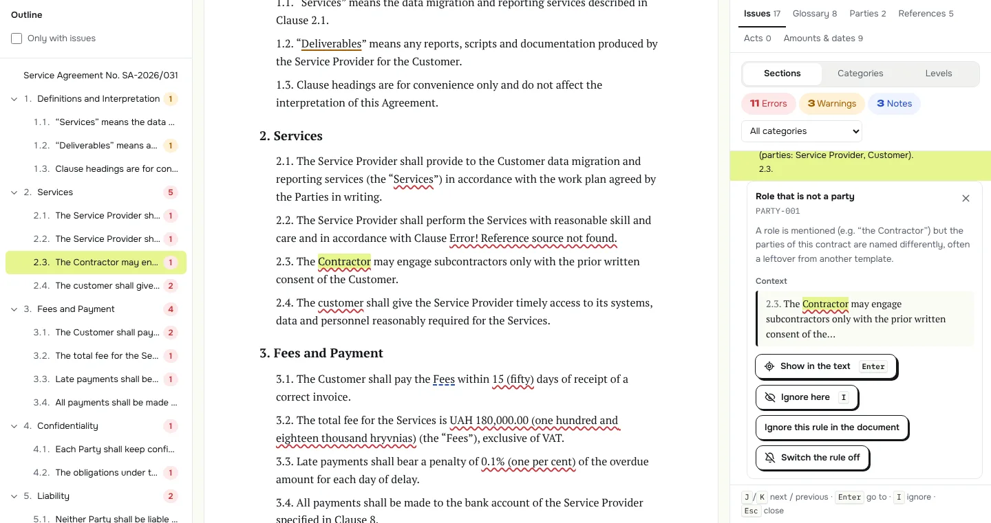 The ManyDocs Check workspace: the contract outline with counters on the left, the text with underlined places in the middle, and on the right the issue “Contractor is not a party to this document” with its explanation.
